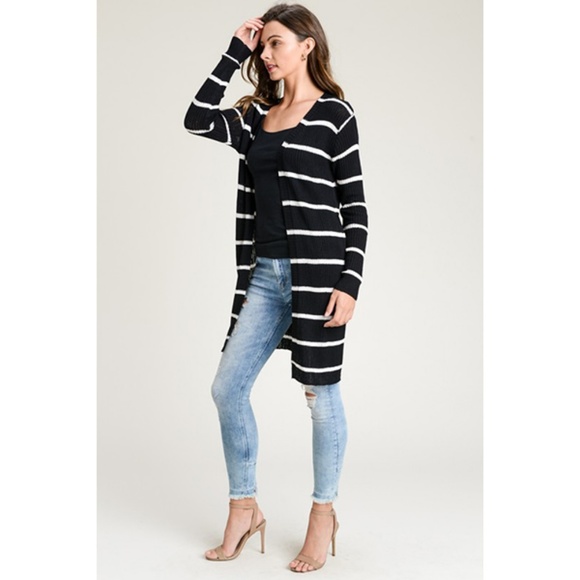 Doe&Rae Black Stripes Knit Open Front Cardigan - Picture 4 of 7